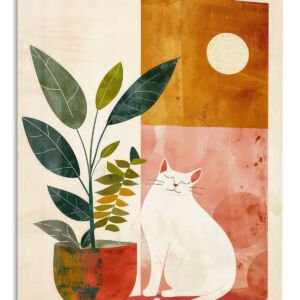 Moonlit Cat and Houseplant – Premium Metal Wall Art