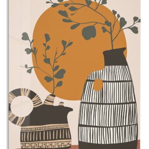 Terracotta Sun and Patterned Vases – Premium Metal Wall Art