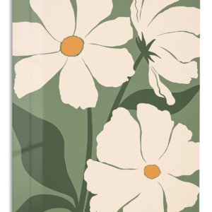 Cream Poppies on Olive Green – Premium Metal Wall Art