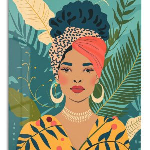 Tropical Woman With Coral Headwrap – Premium Metal Wall Art