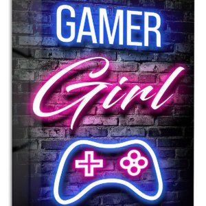 Gamer Girl Neon Controller – Premium Metal Wall Art