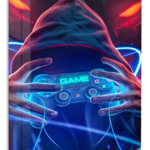 Neon Hooded Gamer – Premium Metal Wall Art