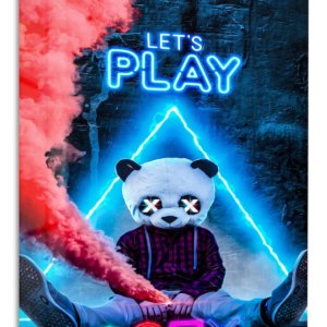 Let's Play Panda Mask Neon Gamer – Premium Metal Wall Art