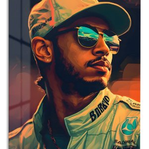 Golden Visor Racing Driver Portrait – Premium Metal Wall Art
