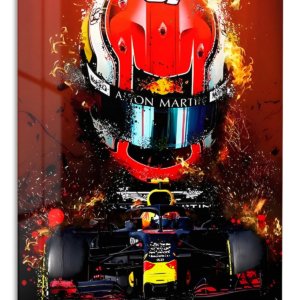 Fiery Open-Wheel Racing Helmet – Premium Metal Wall Art