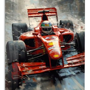 Red Open-Wheel Racer in Snowstorm – Premium Metal Wall Art
