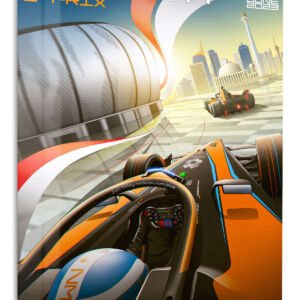 Neon Formula Racing Cityscape – Premium Metal Wall Art