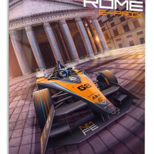 Orange Formula Racer at Classical Portico – Premium Metal Wall Art