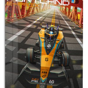 Futuristic Open-Wheel Bridge Run – Premium Metal Wall Art