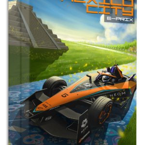 Formula Race Car at Ancient Temple – Premium Metal Wall Art