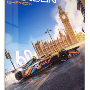 Electric Race Car at Clock Tower – Premium Metal Wall Art